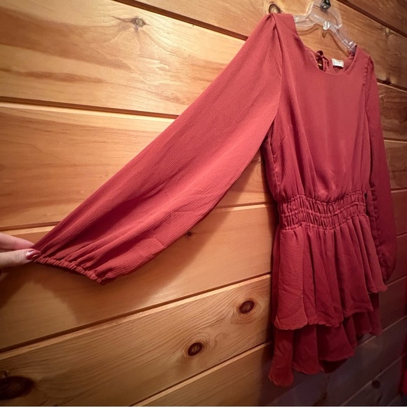 Altar'd State Deep Warm Terracotta Ruffled Long Sleeve A-Line Romper size L - Picture 4 of 9